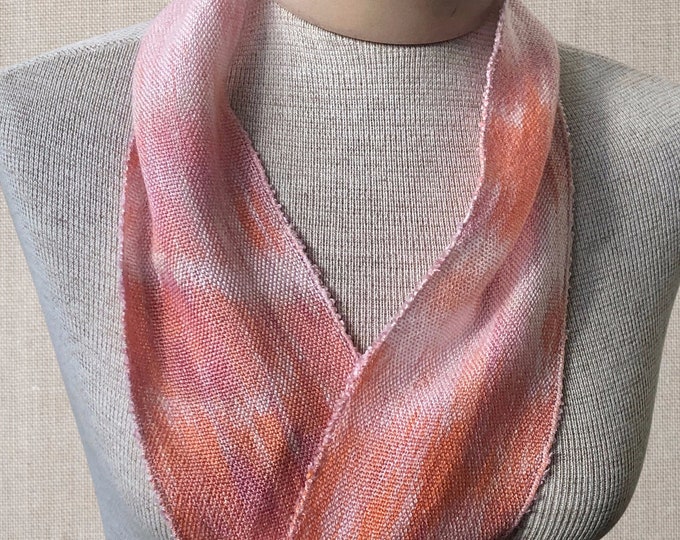 Hand-dyed, handwoven infinity scarf, 4' x 35", Tencel, skinny infinity scarf, in shades of pink, peach, and orange