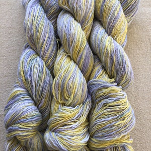 Hand-dyed, 2-ply cotton, thick and thin yarn, 500 yard skeins, in shades of yellow, lavender, and blue image 1