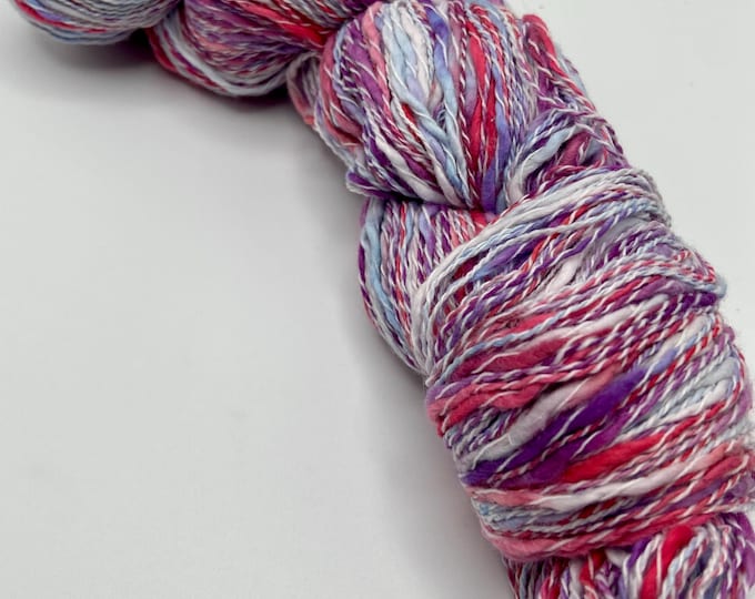 Hand-dyed thick and thin cotton slub with synthetic binder yarn, in shades of light blue, pink, salmon, lavender, purple with white-DY211