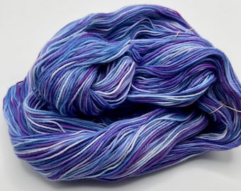 Hand-dyed yarn, 12/4 cotton, 306 yard skeins, in shades of blue, purple, lavender, light blue, and white - DY192