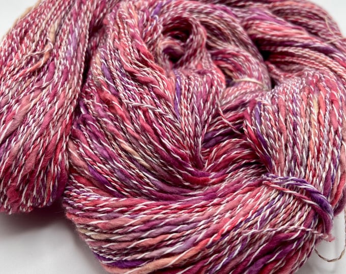 Hand-dyed cotton slub with synthetic binder yarn, 350 yard skeins, in shades of brick, rose, brown, beige, salmon, and white - DY205