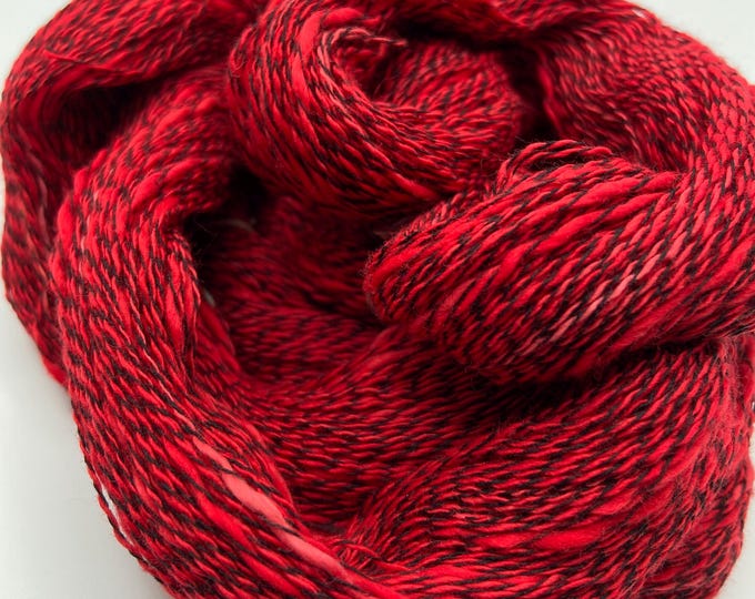 Hand-dyed yarn,  2 ply cotton slub with black synthetic binder, 437 yard skein, black ply and cotton slub in shades of red with pink-DY220