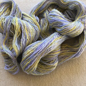 Hand-dyed, 2-ply cotton, thick and thin yarn, 500 yard skeins, in shades of yellow, lavender, and blue image 6