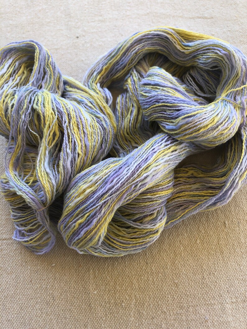 Hand-dyed, 2-ply cotton, thick and thin yarn, 500 yard skeins, in shades of yellow, lavender, and blue image 6