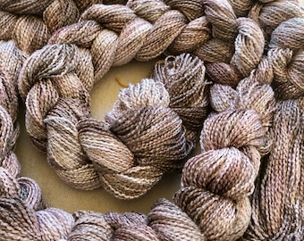 Hand-dyed, pre-wound weaving warp, rayon krinkle, 140 ends, 10 1/4 yards long, in shades of pale to medium brown and white - DW222