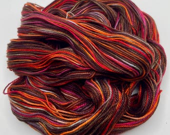 Hand-dyed 6.5/3 mercerized cotton yarn, 262 yard skeins, rich colors, shades of dark brown, brown, red, pink, orange, and grey - DY216