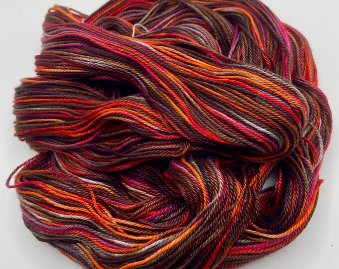 Hand-dyed 6.5/3 mercerized cotton yarn, 262 yard skeins, rich colors, shades of dark brown, brown, red, pink, orange, and grey - DY216