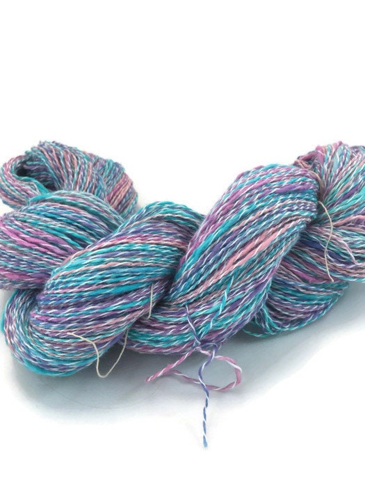 Hand-dyed yarn, thick and thin, cotton and synthetic, 400 yard skeins, in  turquoise, grape, and pink -067