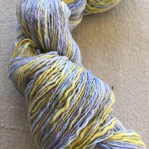 Hand-dyed, 2-ply cotton, thick and thin yarn, 500 yard skeins, in shades of yellow, lavender, and blue image 3