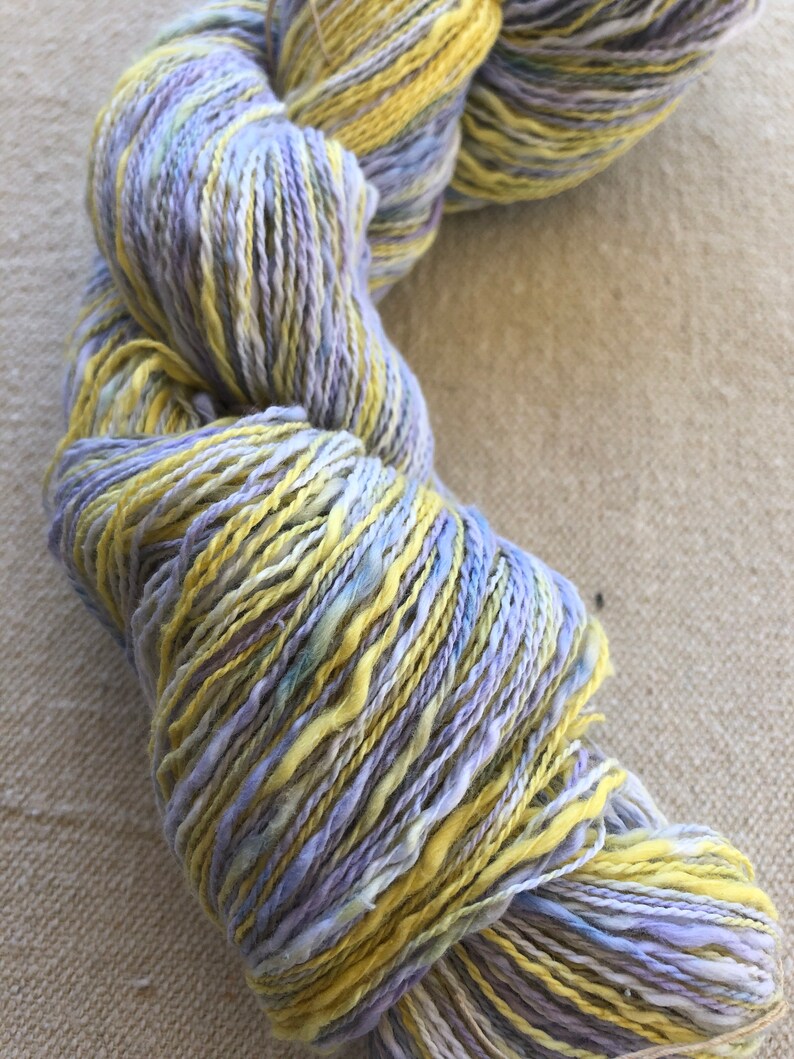 Hand-dyed, 2-ply cotton, thick and thin yarn, 500 yard skeins, in shades of yellow, lavender, and blue image 3