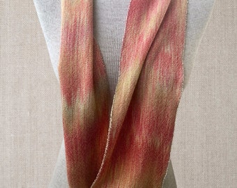 Hand-dyed, hand-woven infinity scarf, cotton and rayon, 6" x 65", in shades of golden yellow, peach, and orange