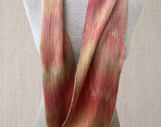 Hand-dyed, hand-woven infinity scarf, cotton and rayon, 6" x 65", in shades of golden yellow, peach, and orange