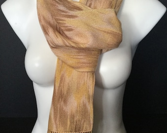 Hand-dyed, handwoven, fringed, Tencel scarf in shades of yellow, brown, and beige -HSS17