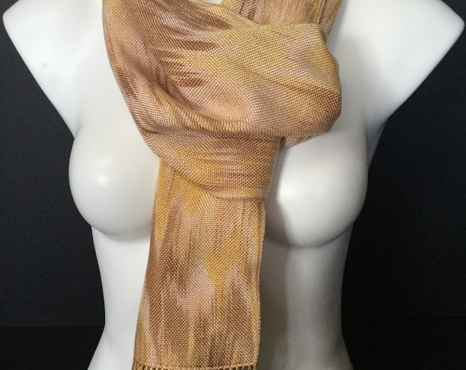 Hand-dyed, handwoven, fringed, Tencel scarf in shades of yellow, brown, and beige -HSS17