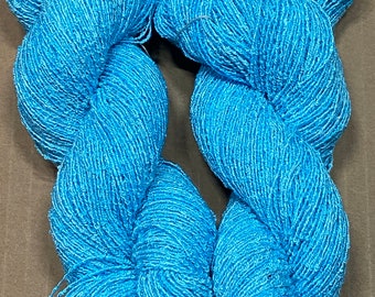 Hand-dyed rayon boucle yarn, 350 yard skeins, lace weight yarn, in tonal shades of turquoise, light turquoise, and light blue-grey- DY178