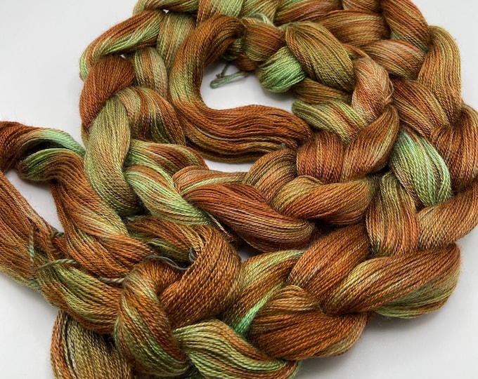 Hand-dyed pre-wound weaving warp, 12/2 rayon, 4 7/8 yards, in multiple shades of greens, light greens, beiges and browns - DW303