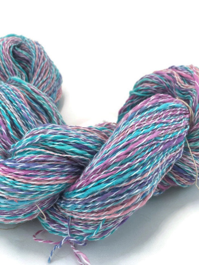 grape cotton and synthetic fingering yarn thick and thin in turquoise and pink -067 Hand-dyed 20 yard mini-skeins and 400 yard skeins