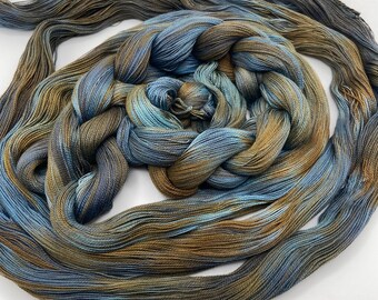 Hand-dyed pre-wound weaving warps, 16/2 supima cotton, 4 7/8 yards, in shades of blues, browns, dark golden browns, and greys - DW310