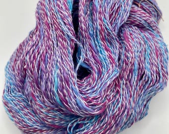 Hand-dyed skeined yarn, thick-n-thin cotton slub with synthetic binder, 350 yard skeins, in shades of blues, purples, and pink - DY183