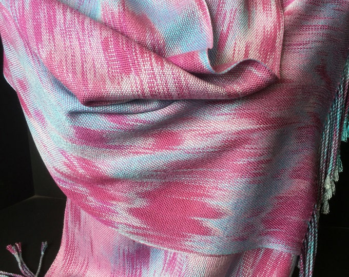 Tencel scarf/wrap, hand dyed and handwoven, fringed, in shades of mauve, pink, and blue. -TFS7