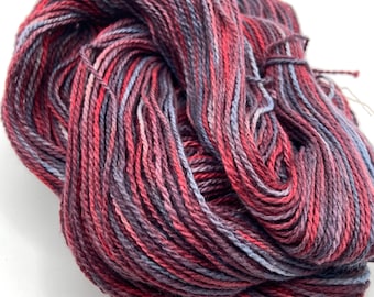 Hand-dyed 4.5/2 cotton, 262 yard skeins, in shades of red, grey, grey blue, pink, light blue, and burgundy - DY195