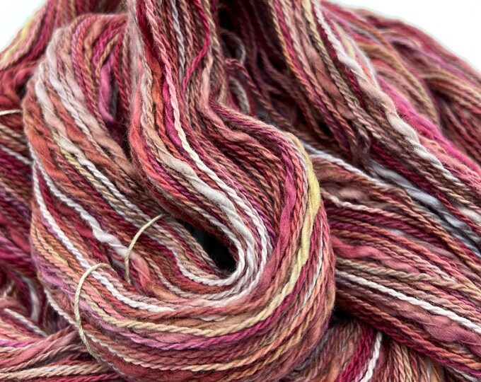 Hand-dyed cotton flake yarn, 350 yard skeins, in shades of brick, rose, brown, and beige - DY202