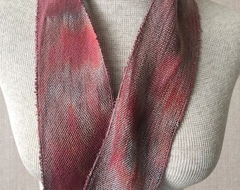 Hand-dyed, handwoven skinny infinity scarf, 3" x 39", Tencel, in shades of brown, orange, salmon, rust, beige, and taupe