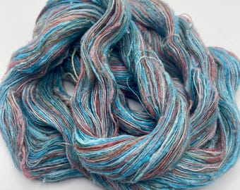 Hand-dyed 5.5/1 rayon and cotton yarn, slub yarn, 437 yard skeins, in shades of turquoise, pink, beige, grey, dark pink, and brick - DY209