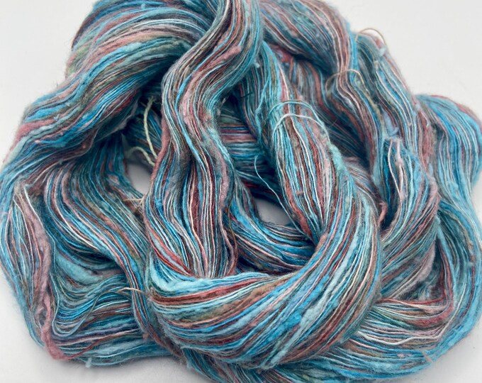 Hand-dyed 5.5/1 rayon and cotton yarn, slub yarn, 437 yard skeins, in shades of turquoise, pink, beige, grey, dark pink, and brick - DY209