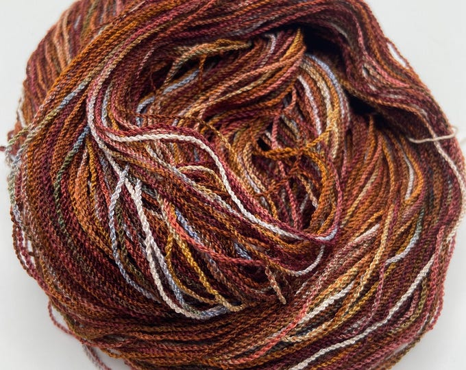 Hand-dyed 8/2 cotton and rayon yarn, 350 yard skeins, in shades of dark brown, brown, beige, copper, and grey - DY206