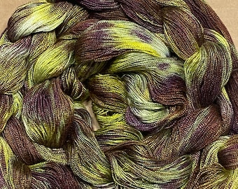 Hand-dyed pre-wound weaving warp, 8/2 rayon, 4 3/4 yards, multiple ends, in shades of purple, greens, brown, bronze, yellow, and white-DW292