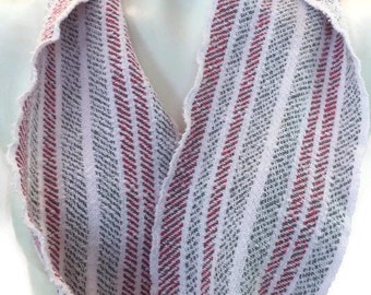 Handwoven, cotton, striped infinity scarf in white, grey, and dark pink -MIS86