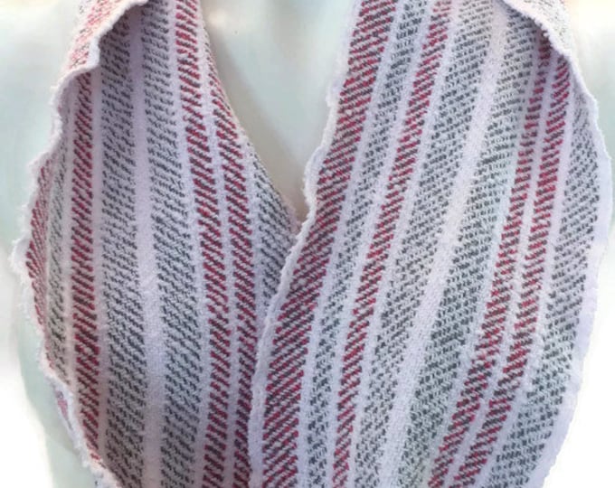 Handwoven, cotton, striped infinity scarf in white, grey, and dark pink -MIS86