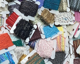 Assortment of many different yarns, 5+ yards each, cottons and rayons mainly, many uses as inlays, tapestry, scrap booking, mixed media more