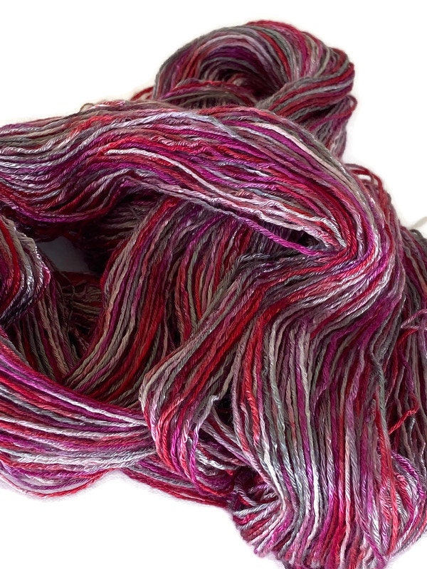 Hand-dyed, cotton and rayon, boucle yarn, 200 yard skeins, in