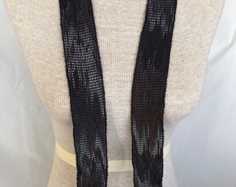 Hand-dyed, handwoven skinny scarf, Tencel, 46" x 2", in shades of black, charcoal grey, silver grey, light blue, and pale grey
