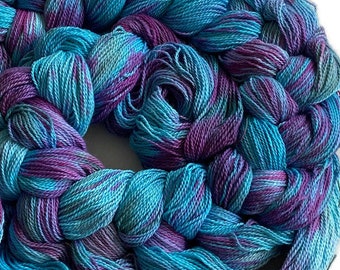 Hand-dyed pre-wound weaving warp, 8/2 ring spun cotton, 4 3/4 yards, multiple ends, in shades of turquoise, purple, and grey - DW276