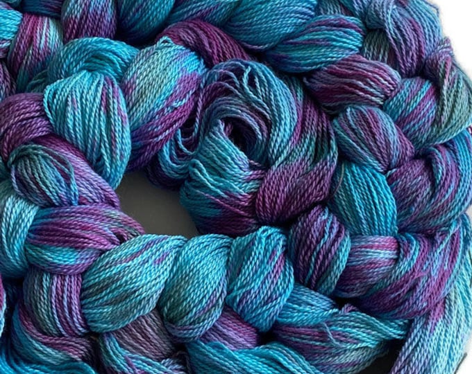 Hand-dyed pre-wound weaving warp, 8/2 ring spun cotton, 4 3/4 yards, multiple ends, in shades of turquoise, purple, and grey - DW276