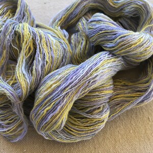 Hand-dyed, 2-ply cotton, thick and thin yarn, 500 yard skeins, in shades of yellow, lavender, and blue image 4