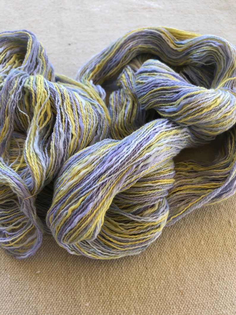 Hand-dyed, 2-ply cotton, thick and thin yarn, 500 yard skeins, in shades of yellow, lavender, and blue image 4