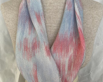 Hand-dyed, handwoven infinity scarf, 6” x 39”, Tencel, in shades of blue, light blue, pink, lavender, and white