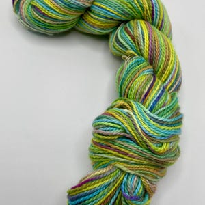 May include: A skein of colorful yarn in shades of green, yellow, blue, and purple. The yarn is tightly wound and appears soft, ideal for knitting or crocheting projects. The colors blend together, creating a vibrant and textured appearance.