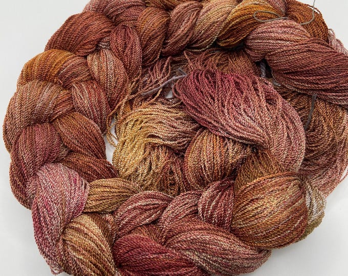 Hand-dyed pre-wound weaving warp, 8/2 cotton/rayon blend, 3 7/8 yards, 200 ends, in many different shades of brown from dark to light -DW311