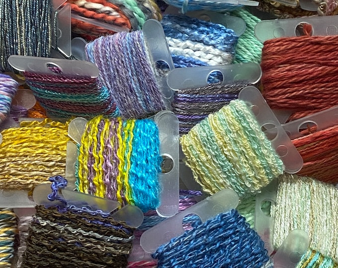 Assortment of hand-dyed yarns, 5+ yards each, cottons and rayons, use for embellishment, inlays, scrapbooks, dream catchers, and other uses