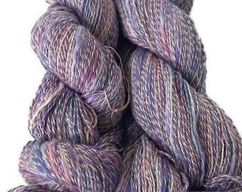 Hand-dyed yarn, 70% cotton with acrylic, 436 yard skeins, lace weight, in shades of blue, pink, purple, lavender, and white-DY146