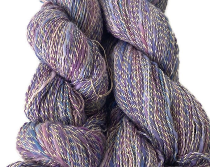 Hand-dyed yarn, 70% cotton with acrylic, 436 yard skeins, lace weight, in shades of blue, pink, purple, lavender, and white-DY146