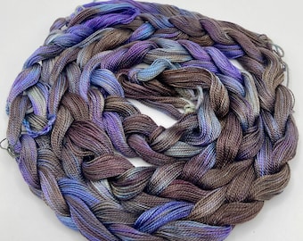 Hand-dyed pre-wound weaving warp, 8/2 Tencel/lyocell, 5 5/8 yards, 50 ends, in shades of purple, lavender, grey, brown, and taupe - DW320