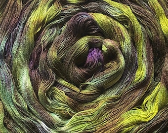 Hand-dyed, pre-wound weaving warp chains, 8/2 rayon, 3 7/8 yards, multiple ends, in shades of bright green, purple, brown, and blue  - DW255