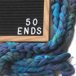 Hand-dyed, pre-wound weaving warp chain, 8/2 ring spun cotton, 3 3/4 yards, multiple ends, in shades turquoise, lavender, and brown DW265 50 ends