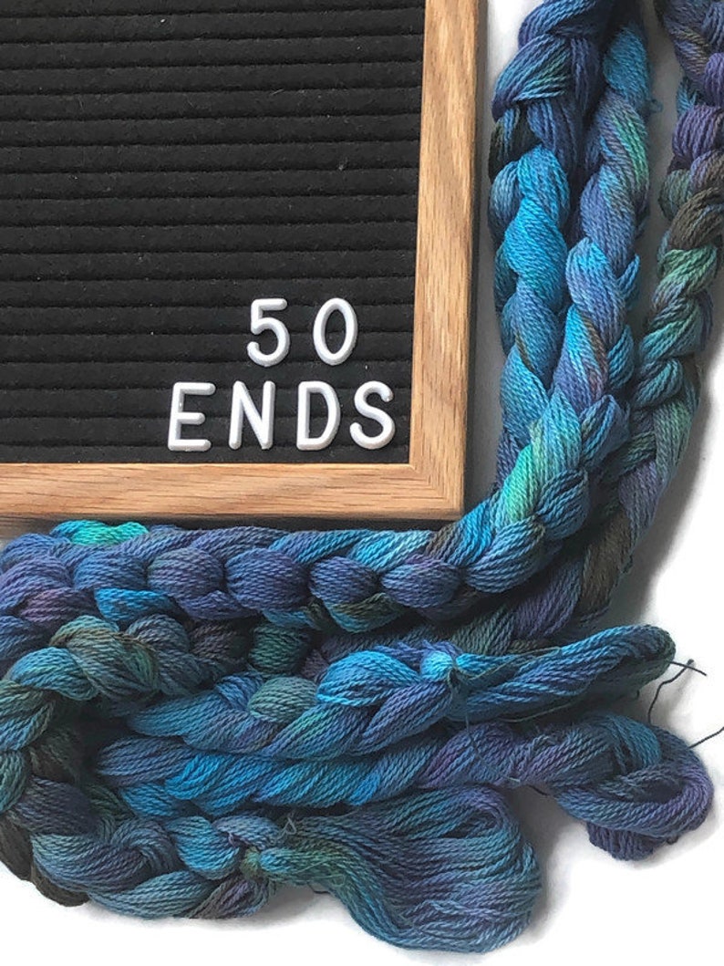 Hand-dyed, pre-wound weaving warp chain, 8/2 ring spun cotton, 3 3/4 yards, multiple ends, in shades turquoise, lavender, and brown DW265 50 ends